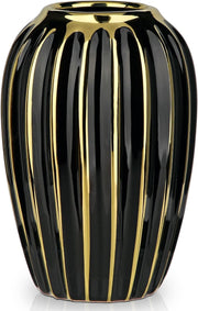 Black Gold Ribbed Ceramic Vase Luxury Floral Table Home Décor 8.2 Inch
