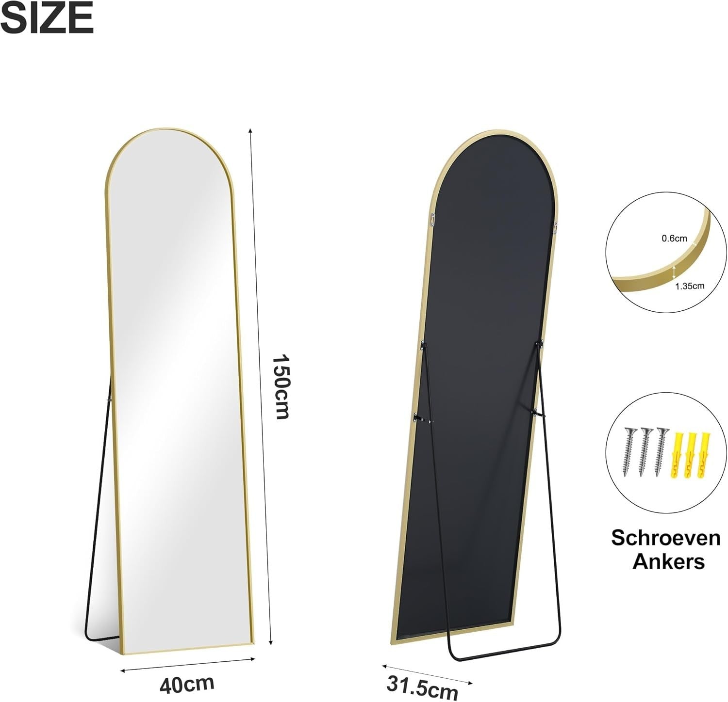 Gold Arch Full Body Mirror 150x40cm Wall Leaning Floor Mirror for Bedroom