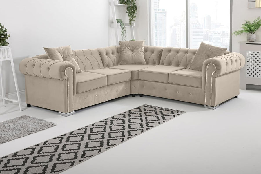 Luxury Cream Velvet Chesterfield Sofa – Corner, Foam Cushions, Diamond Trim
