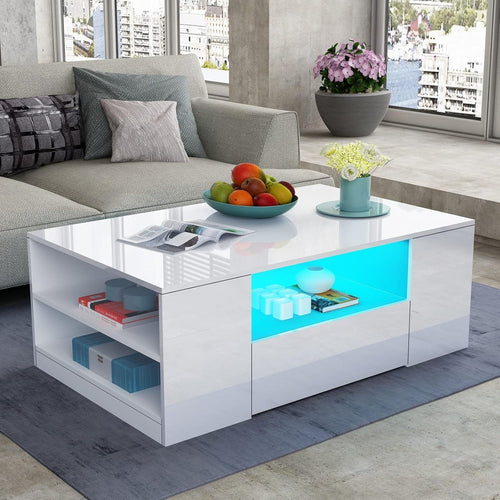 Modern White Gloss Coffee Table with LED Lights & Storage – 95x55x37cm