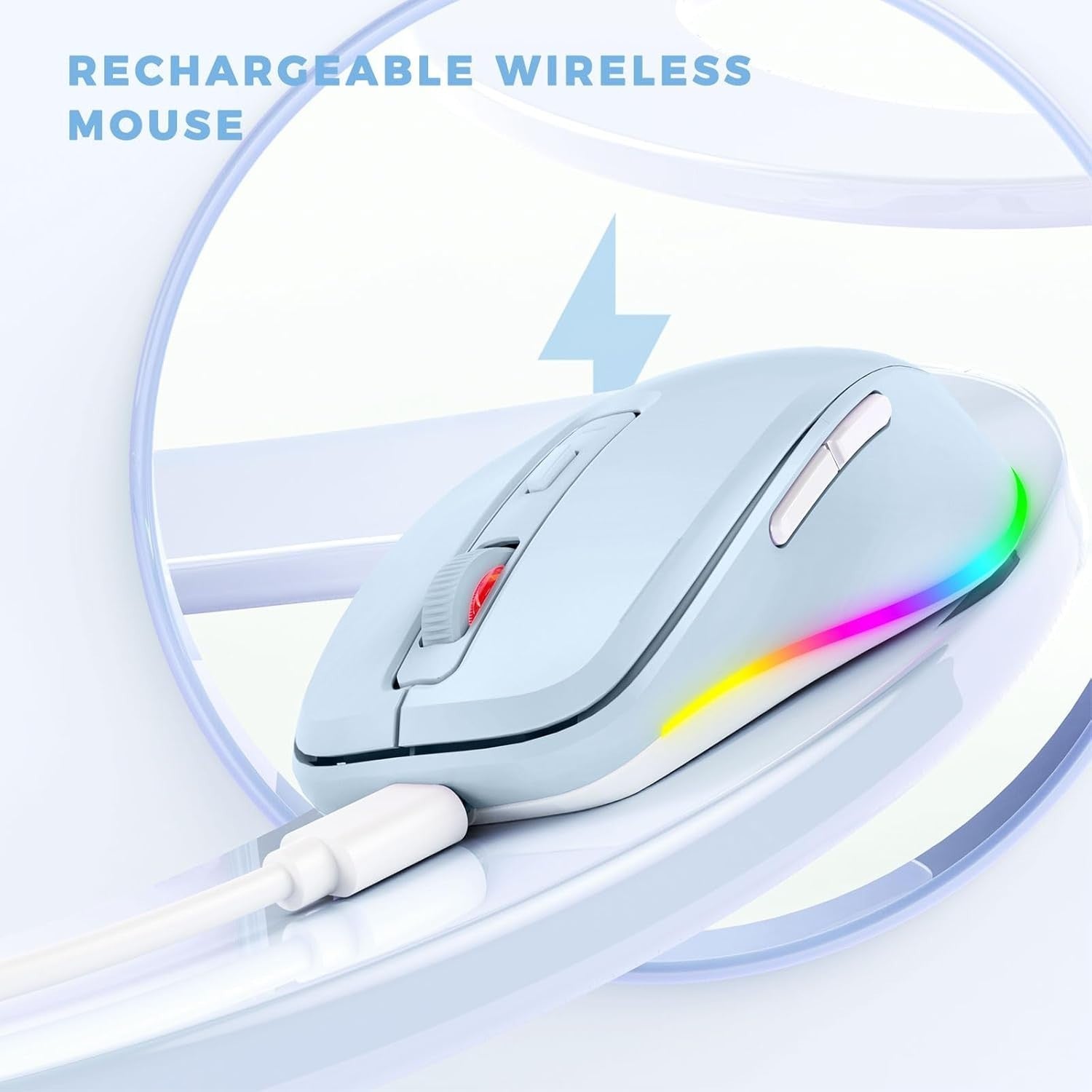Light Blue RGB Wireless Mouse Rechargeable Silent USB Jiggler