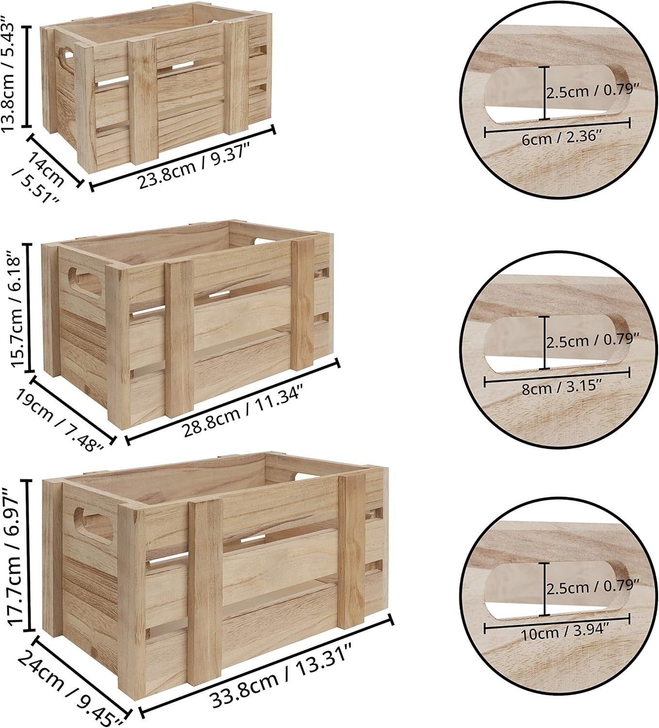 3 Pack Rustic Wooden Storage Crates Small Medium Large Set