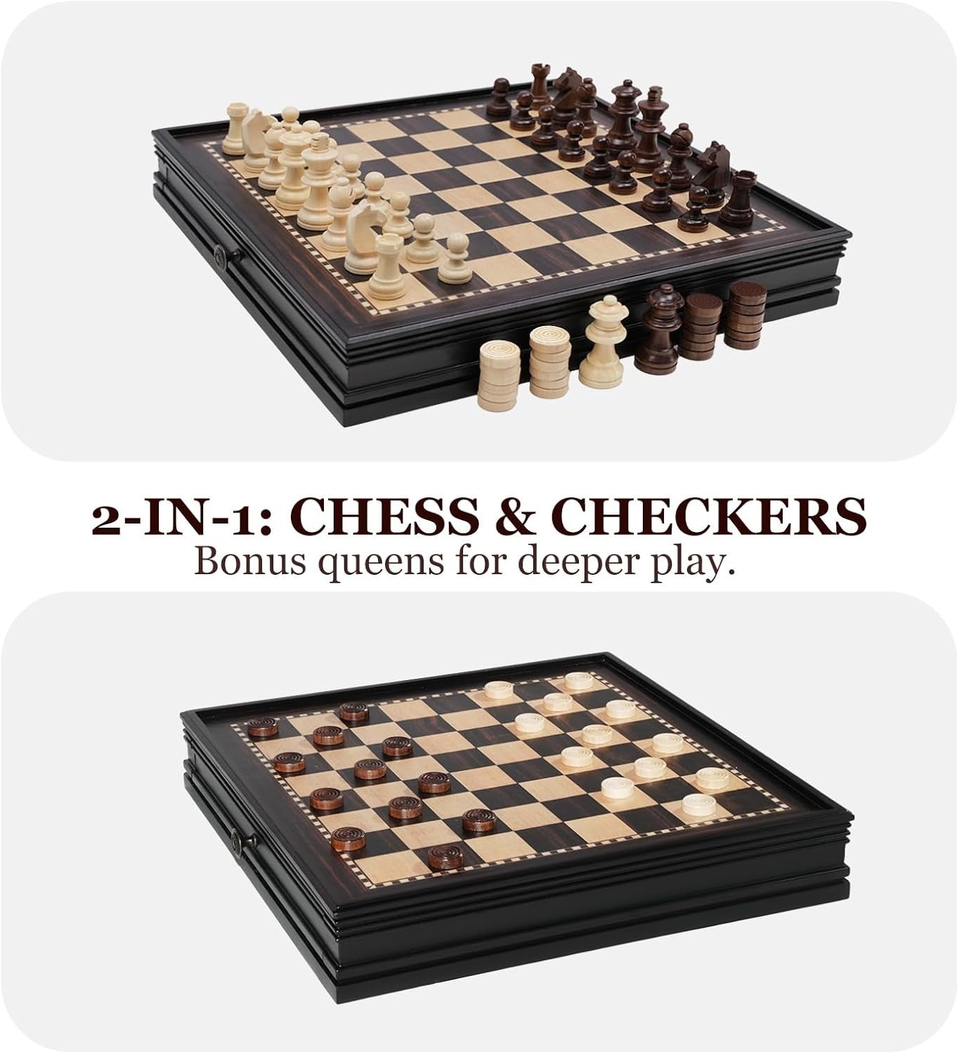 32cm Magnetic Wooden Chess Set Drawer Storage 2-in-1 Chess & Checkers