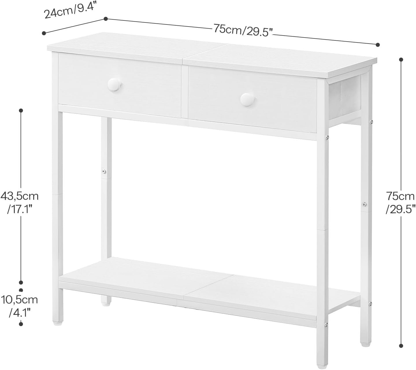 White Slim Console Table with Drawers & Shelf, Narrow Entryway Storage
