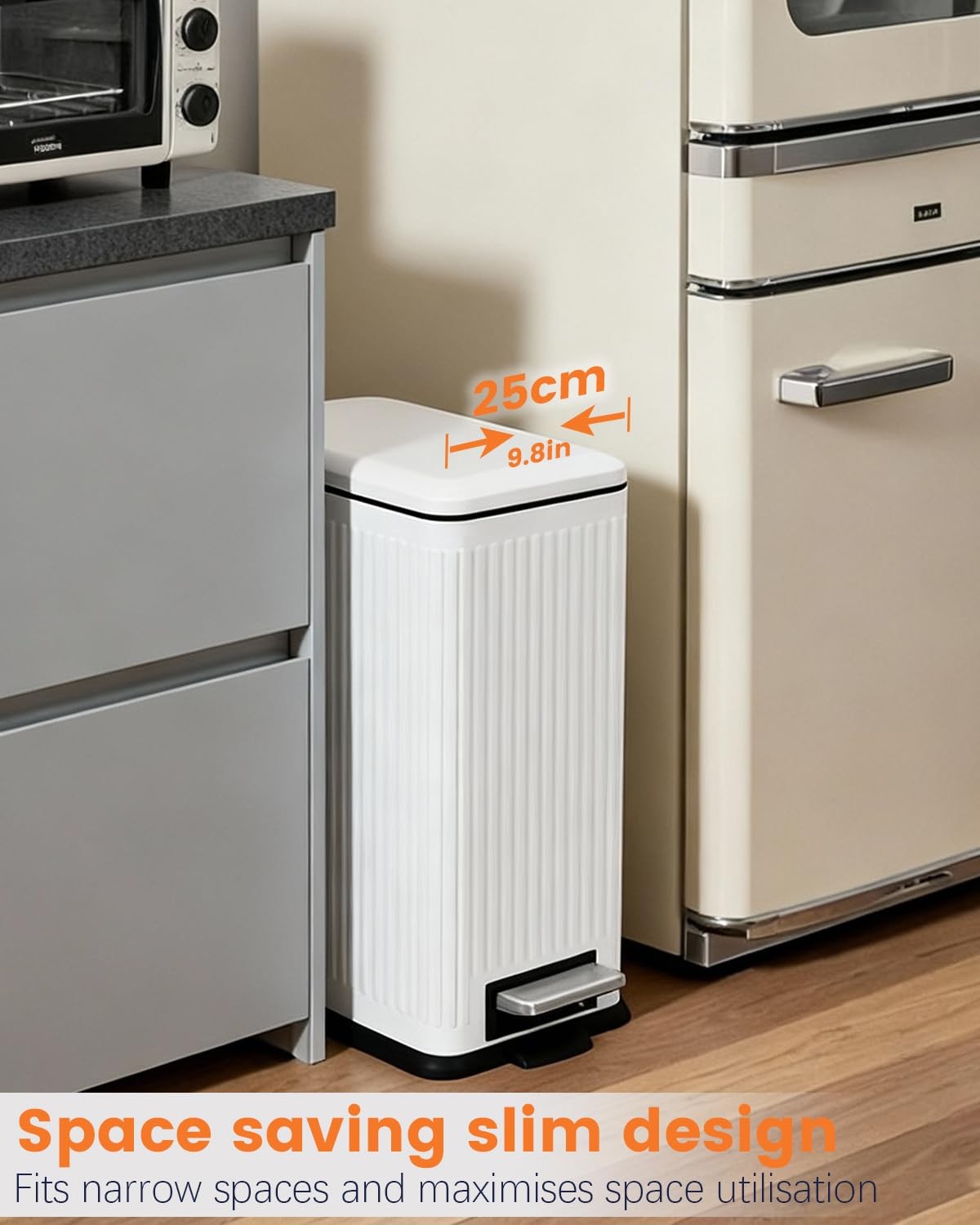 30L Slim White Pedal Bin Soft Close Stainless Steel Kitchen Bin