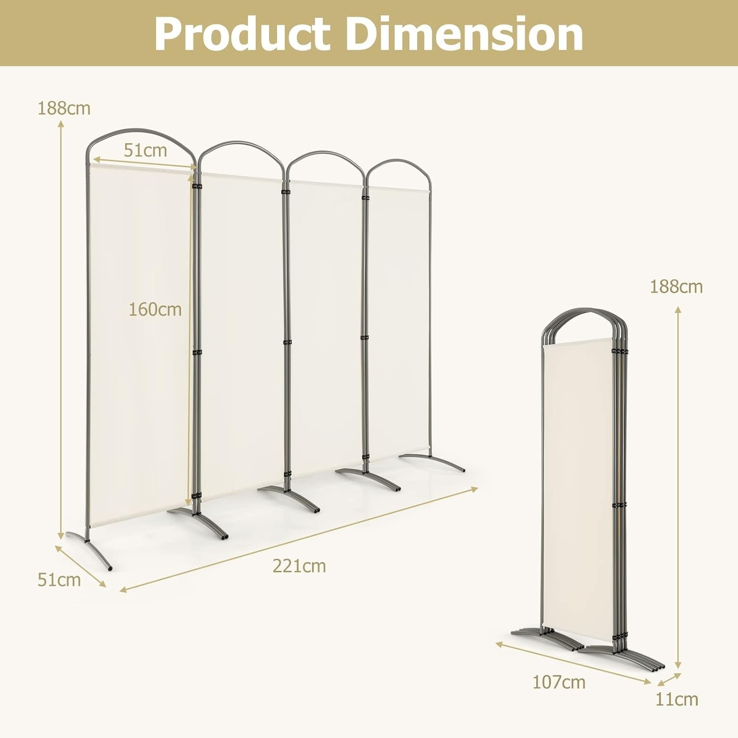 4 Panel Cream Folding Room Divider Privacy Screen for Bedroom Office 188cm High