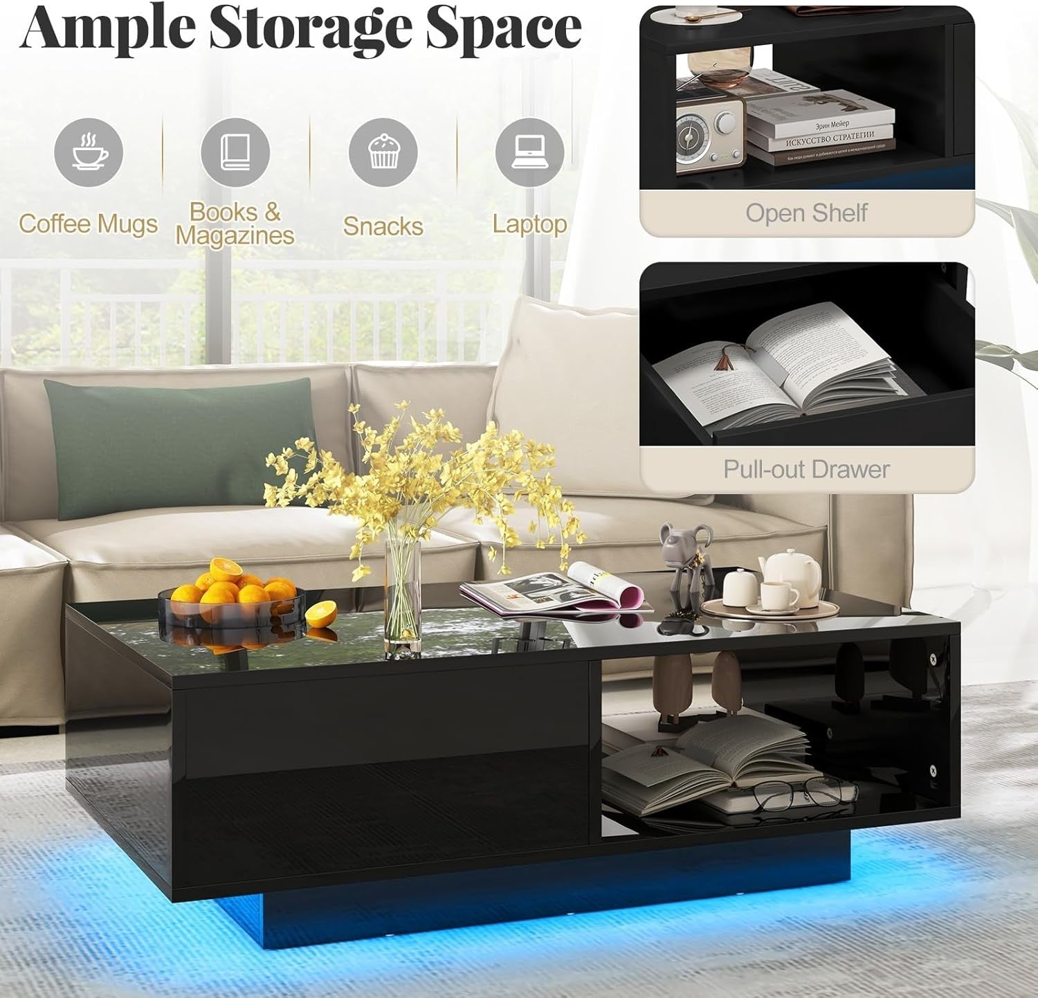 Modern LED Coffee Table with Storage Drawer – 20 Colour Lights, Black