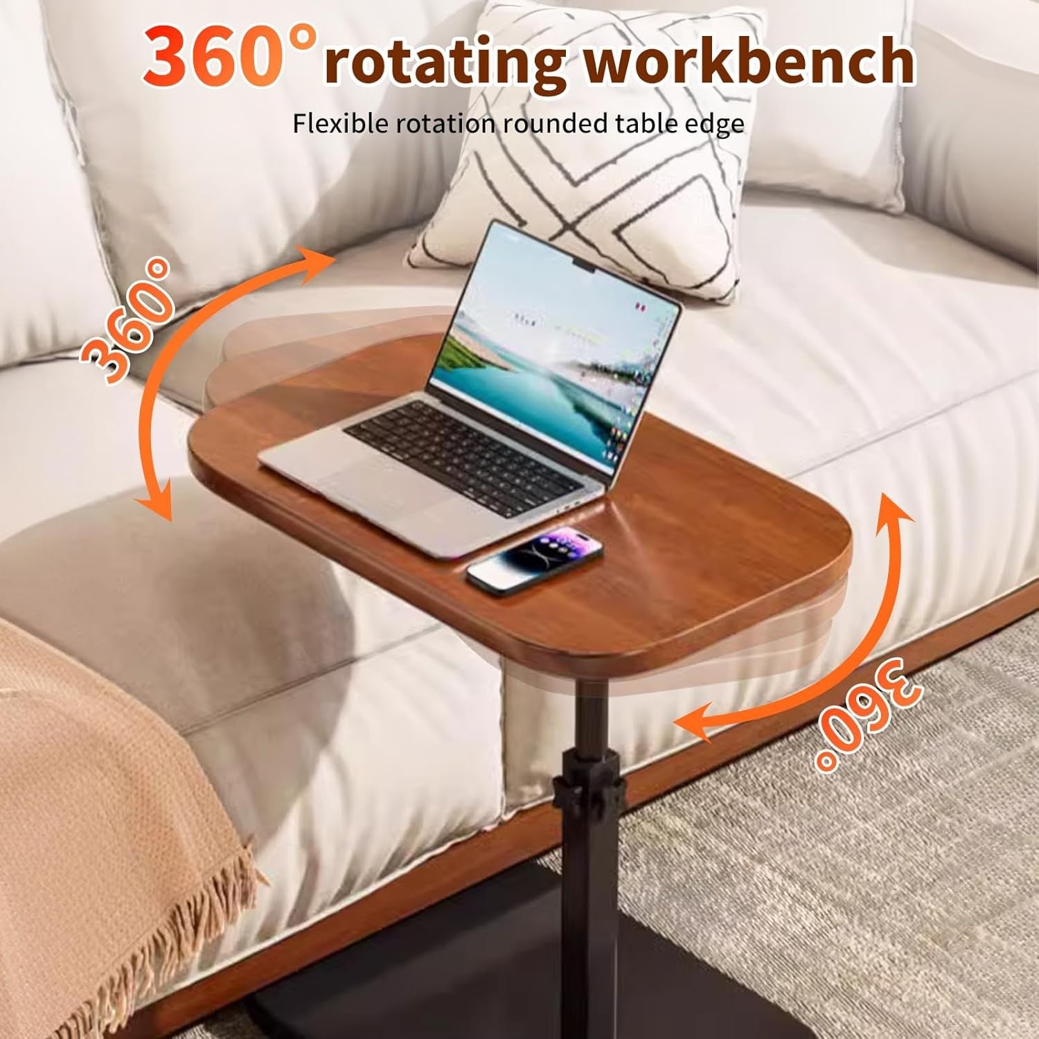 C Shaped Adjustable Sofa Side Table Laptop Desk 360° Swivel Bedside Stand