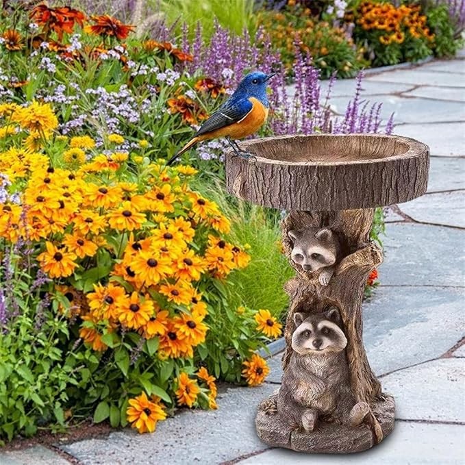 Animal Tree Bird Bath Feeder – Polyresin Cat & Bird Garden Ornament Statue