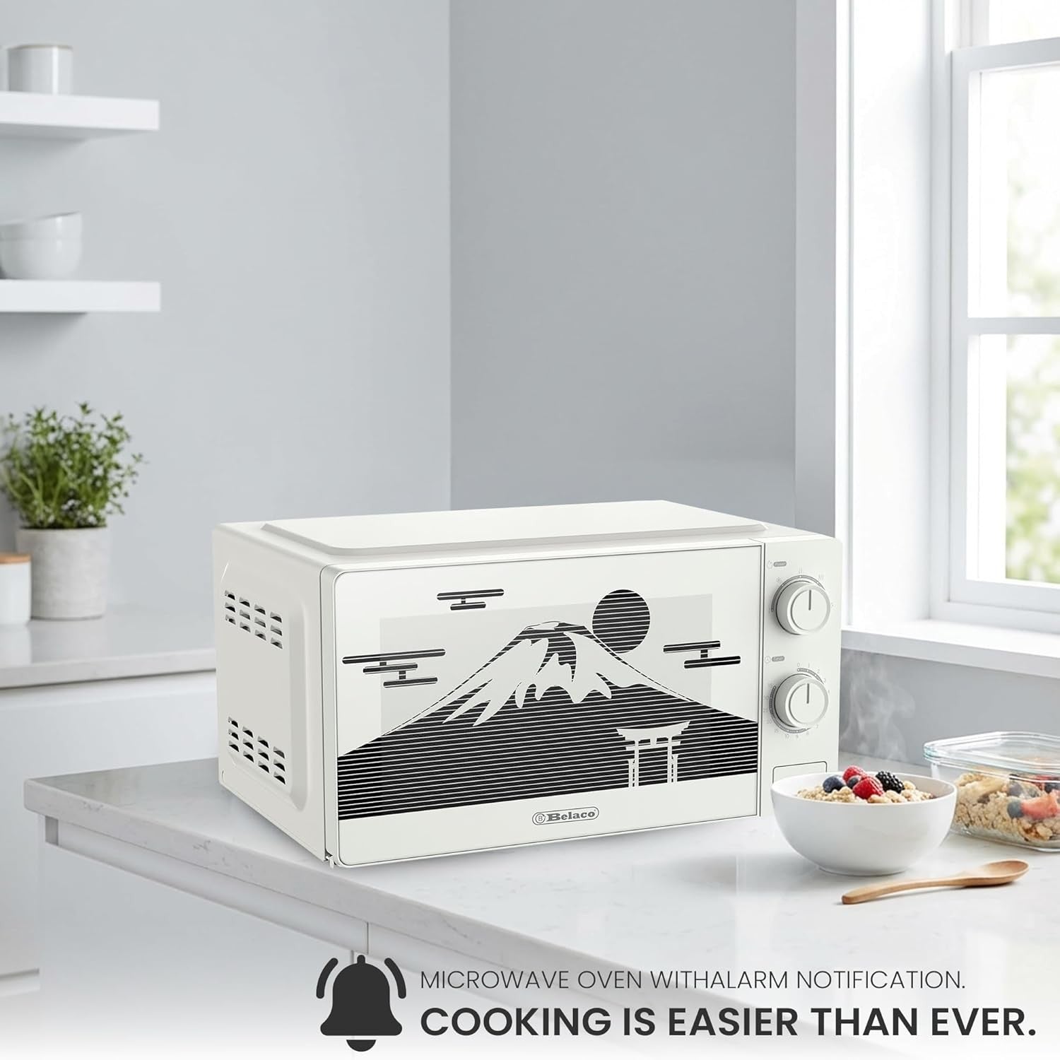 20L Solo Microwave Oven – Retro Mountain Fuji Design, White & Black