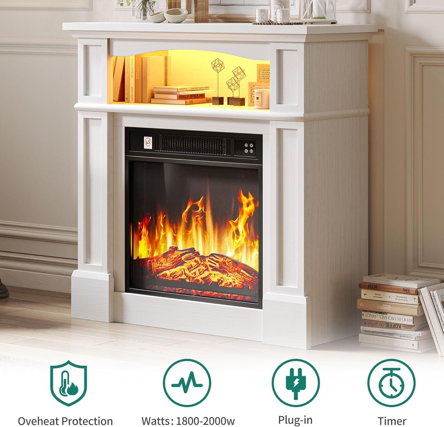 18" Freestanding Electric Fireplace Heater LED Flame 16-Color Light Timer