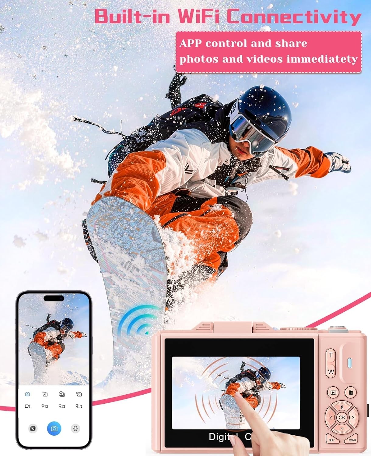 5K 75MP Vlogging Camera WiFi Flip Screen Zoom Camera Pink 64GB