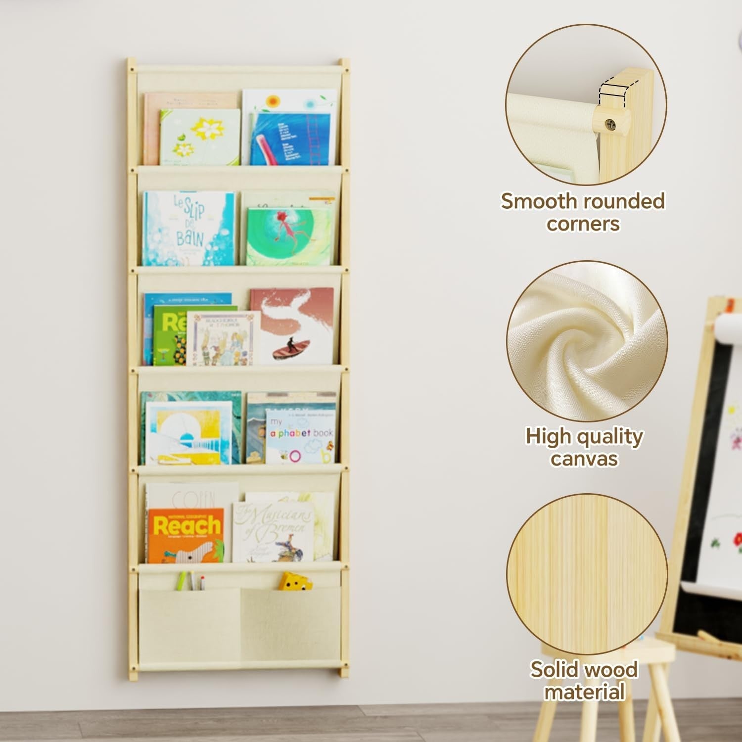 6-Tier Wall Mounted Kids Bookshelf Solid Wood Floating Book Rack Organizer