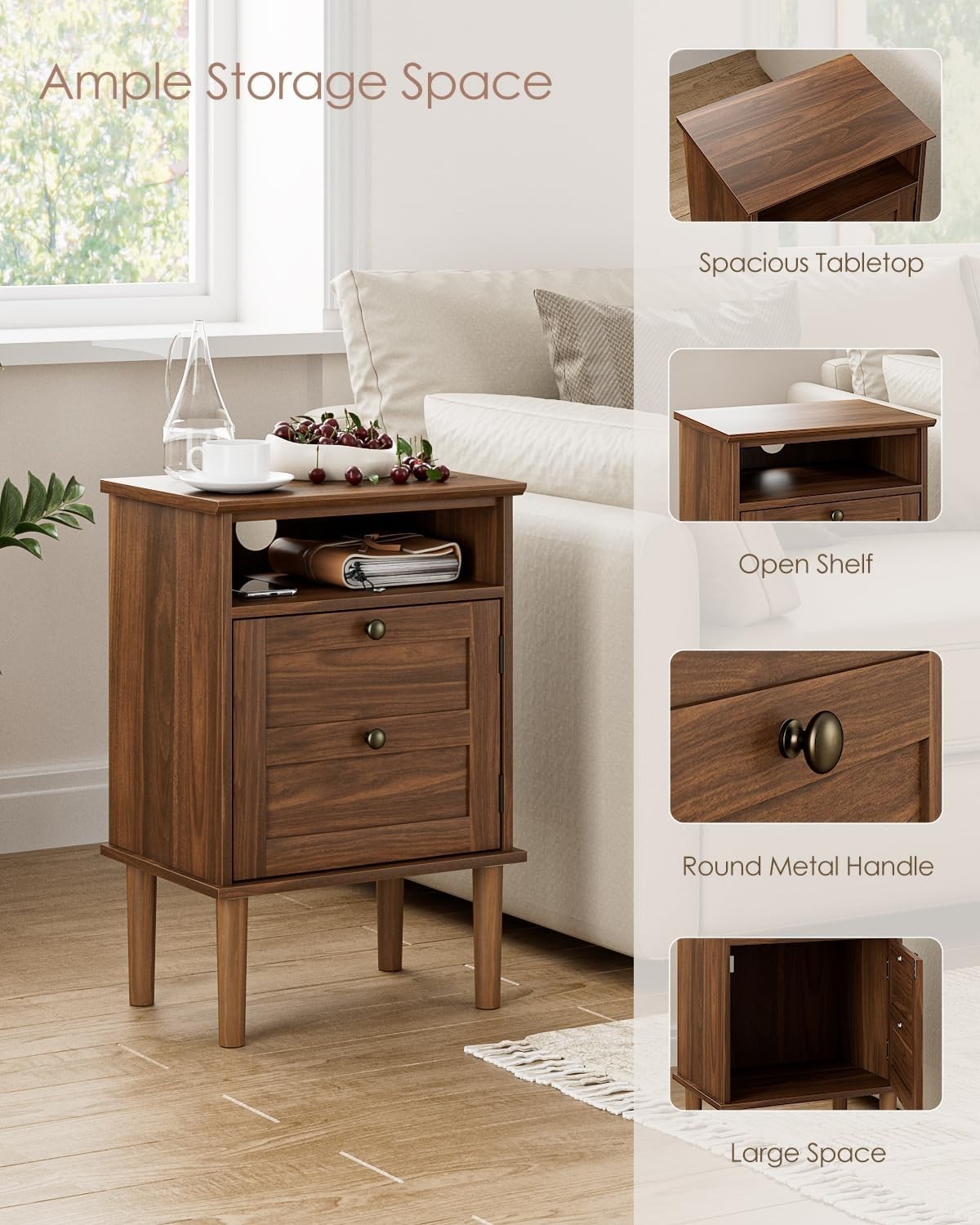 Walnut Wooden Bedside Table with Door & Open Shelf | Vintage Farmhouse