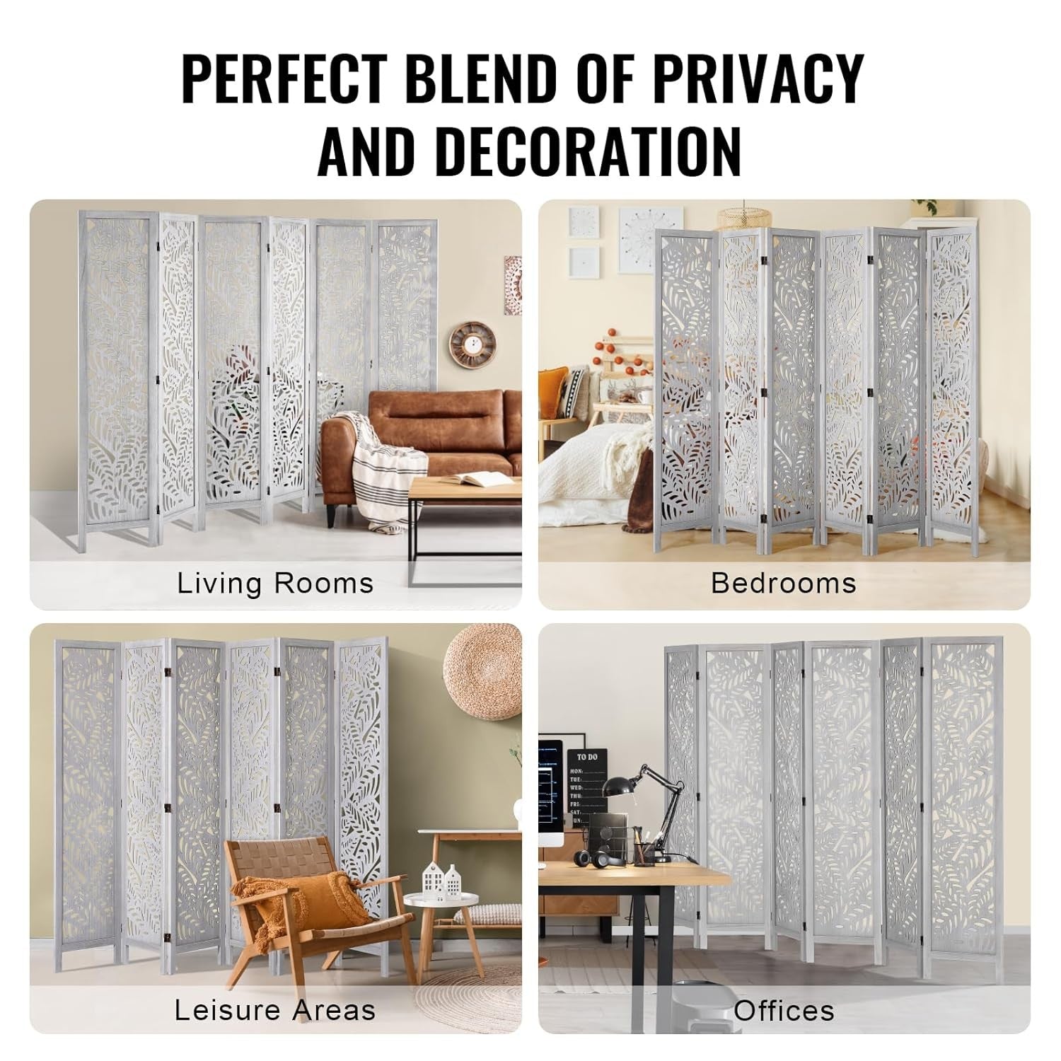 6 Panel White Folding Room Divider Carved Wood Privacy Screen 242x171cm