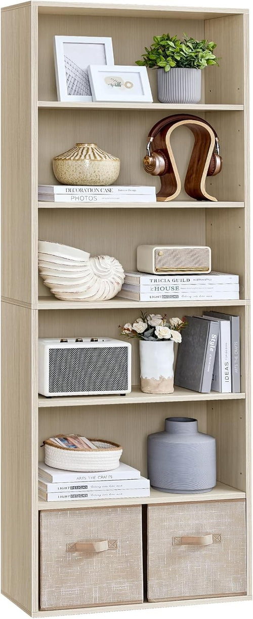 Wide 6-Tier Tall Bookcase with Drawer, Space-Saving Storage Shelving Unit