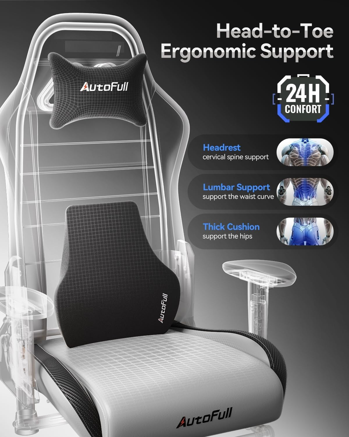 Ergonomic Gaming Chair Grey PU Leather Reclining w/ Footrest