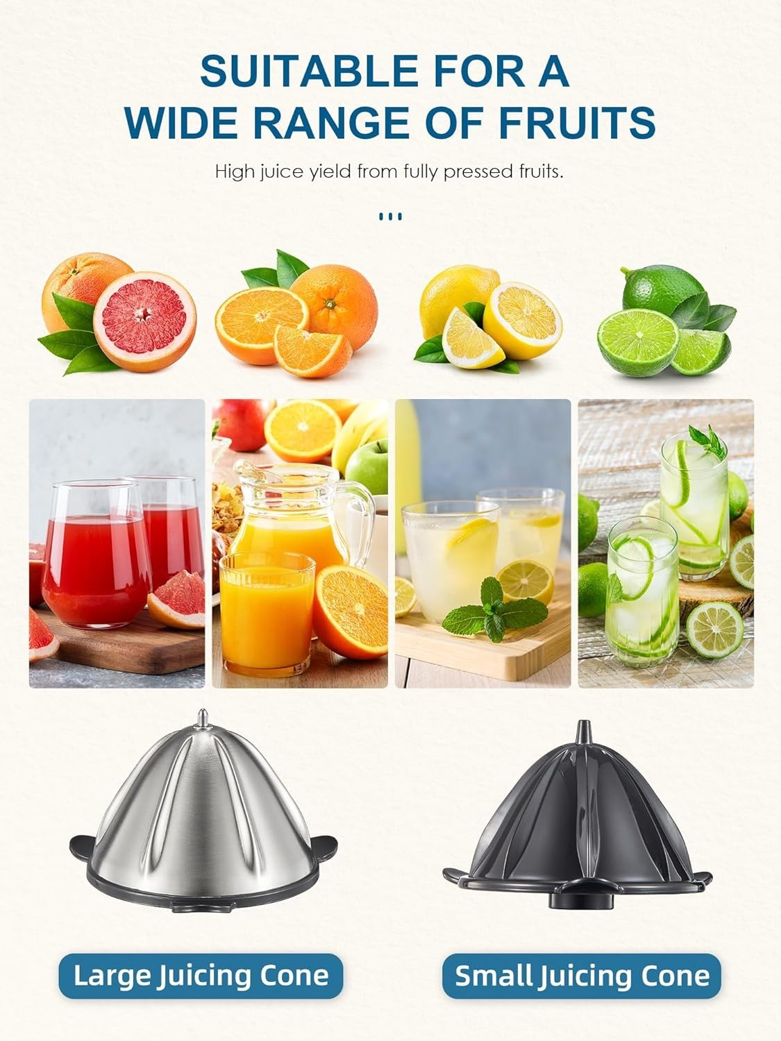 Electric Citrus Juicer Stainless Steel Anti Drip 2 Cones Easy Clean