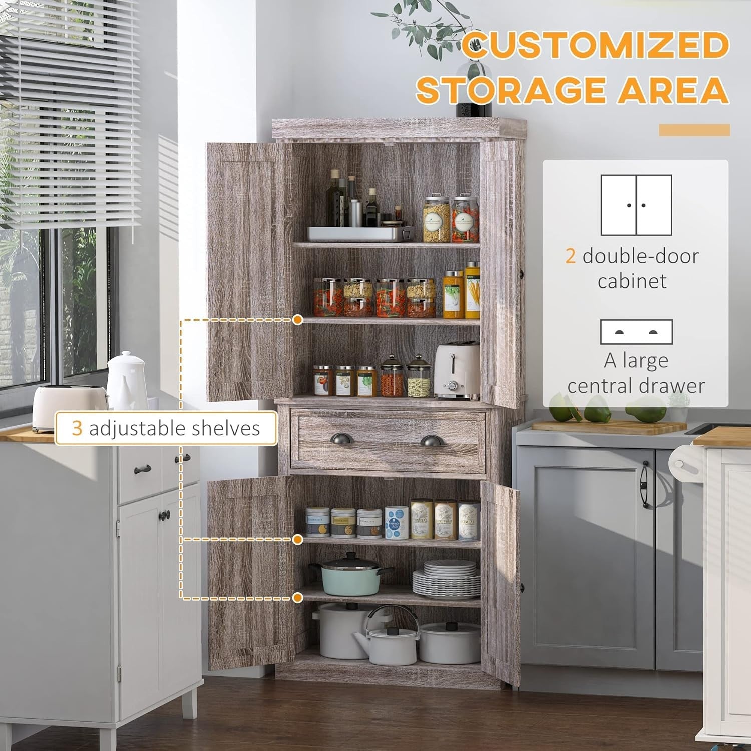 Dark Wood Tall Kitchen Cupboard 184cm Pantry Storage Cabinet Shelves
