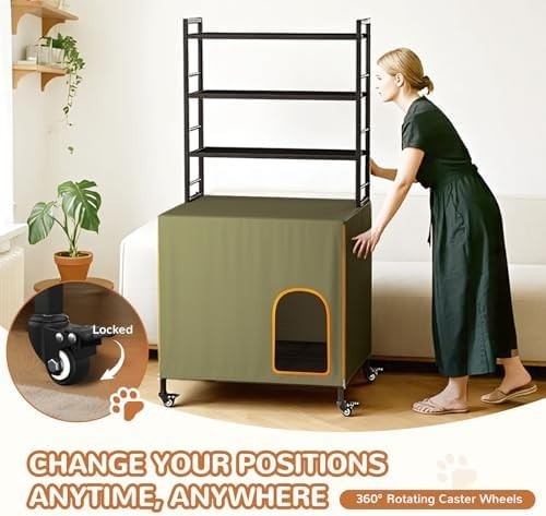 Hidden Cat Litter Box Cabinet with Wheels & Storage, Waterproof Green Enclosure