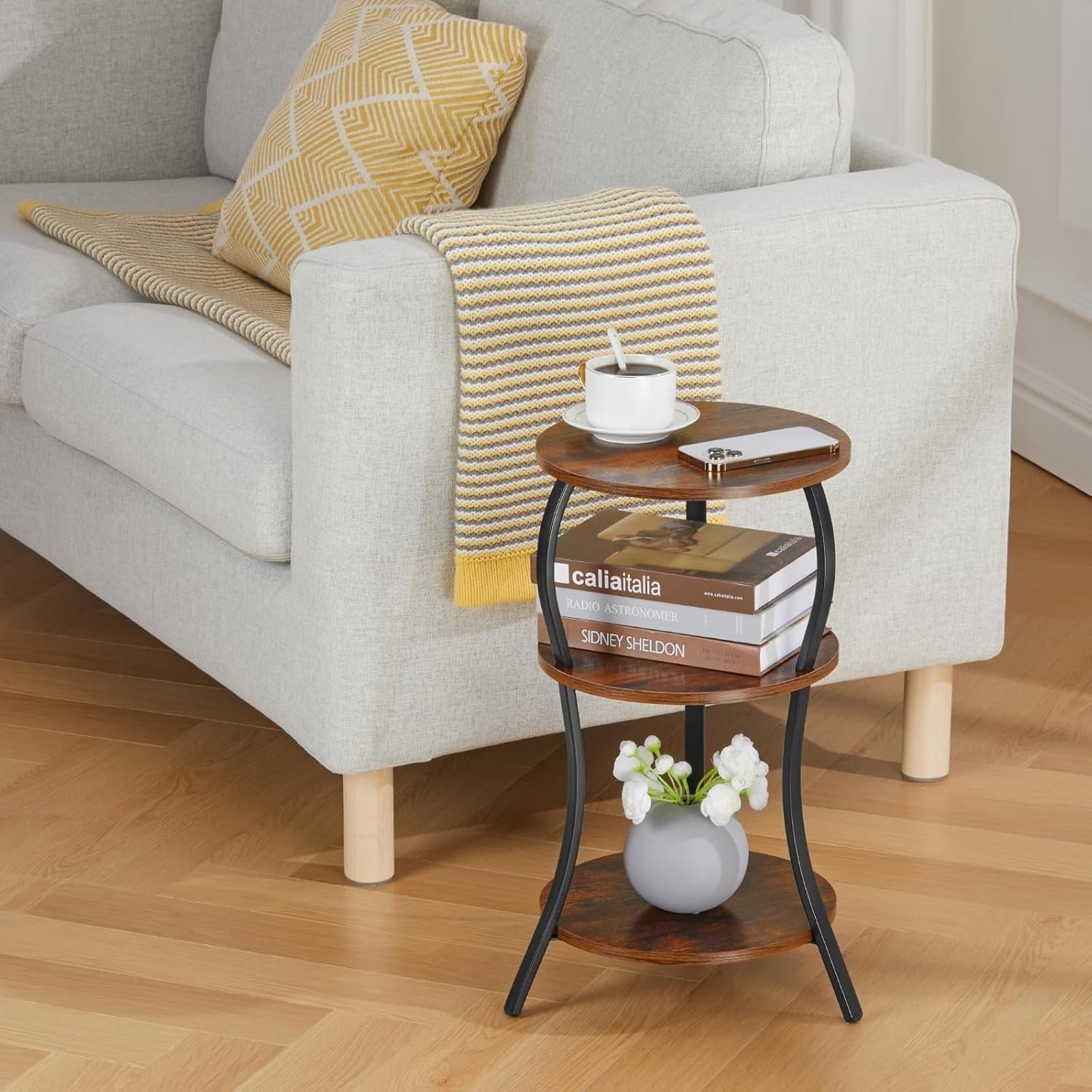 Brown 3-Tier Round Side Table 30x30x55 cm | Slim End Table w/ Storage
