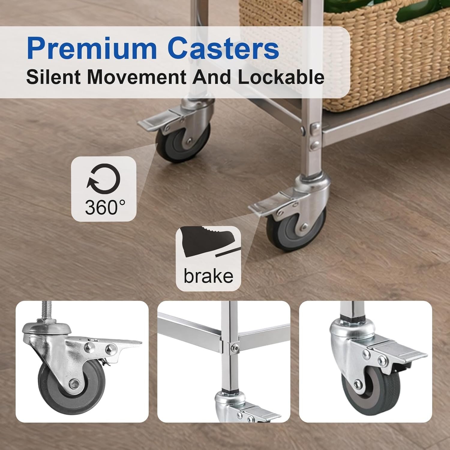 3 Tier Stainless Steel Kitchen Utility Cart Rolling Storage Trolley on Wheels