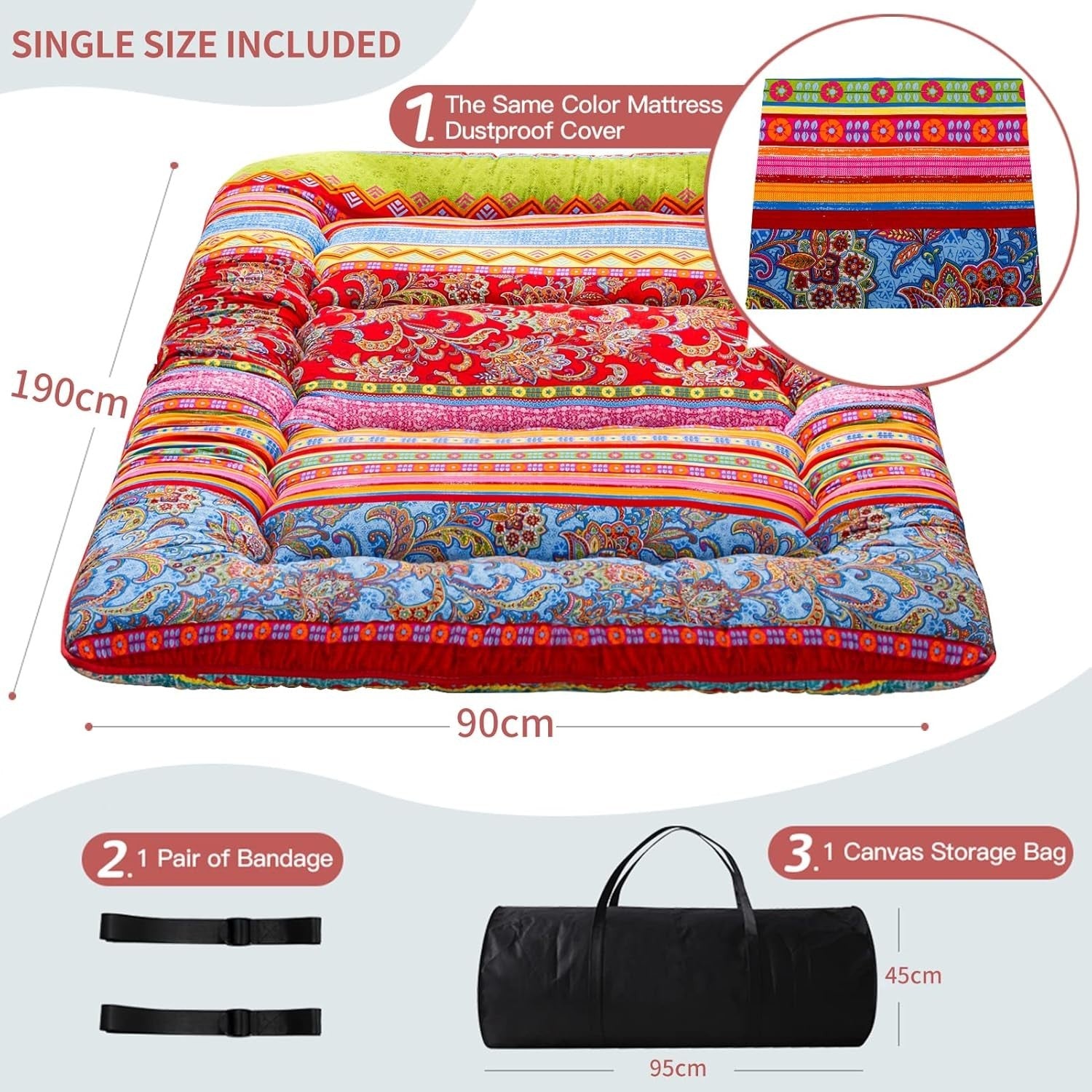 King Bohemian Floor Mattress Futon Plush Memory Foam Portable Sleeping Pad