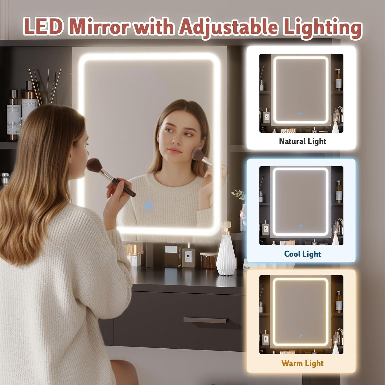 LED Dressing Table Black Vanity Desk 3-Colour Mirror Storage 2 Drawers Modern