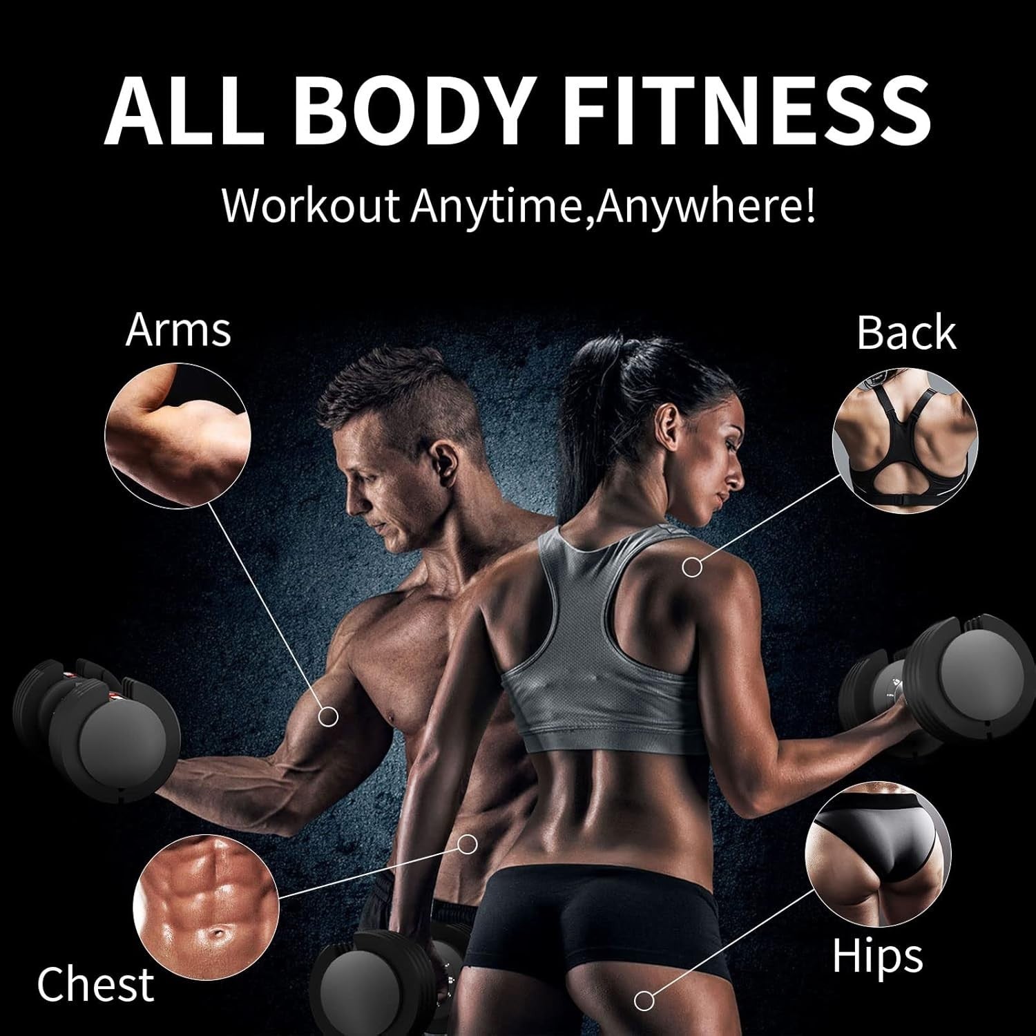 Quick Dial Adjustable Dumbbells 12kg Pair Space-Saving Non-Slip Weights