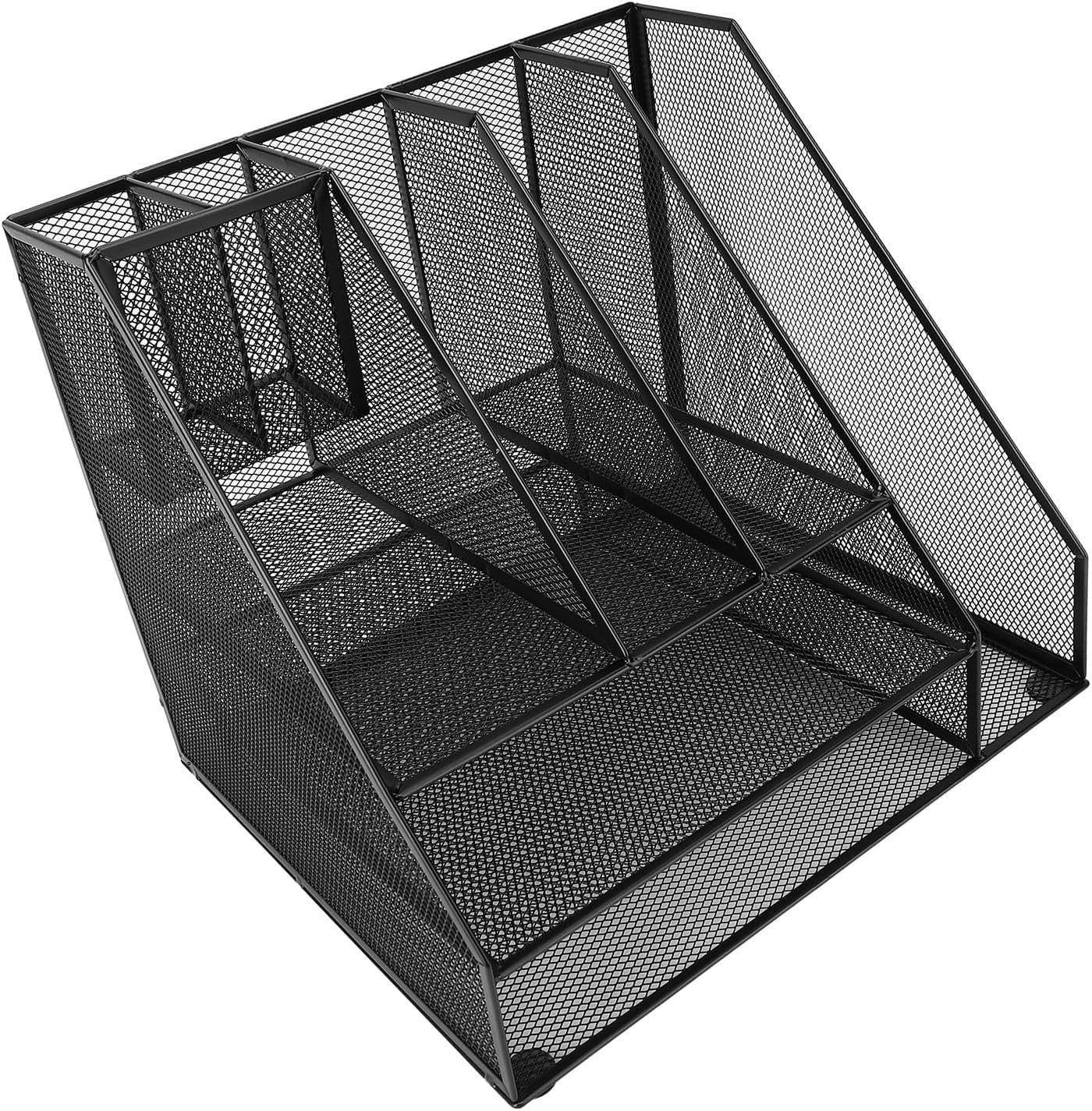 3-Tier Desk Organizer with Pen Holders & File Rack – Metal Mesh Storage