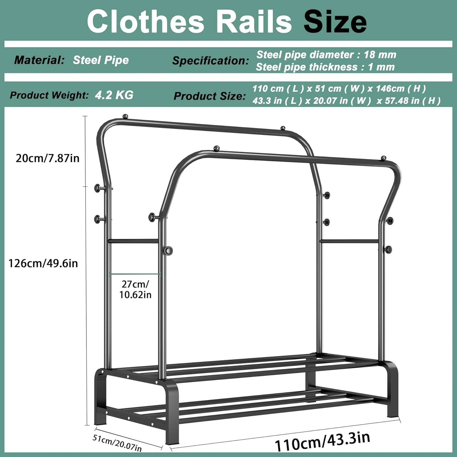 Heavy Duty Metal Clothes Rail Double Rack with Shelves & 8 Hooks Black