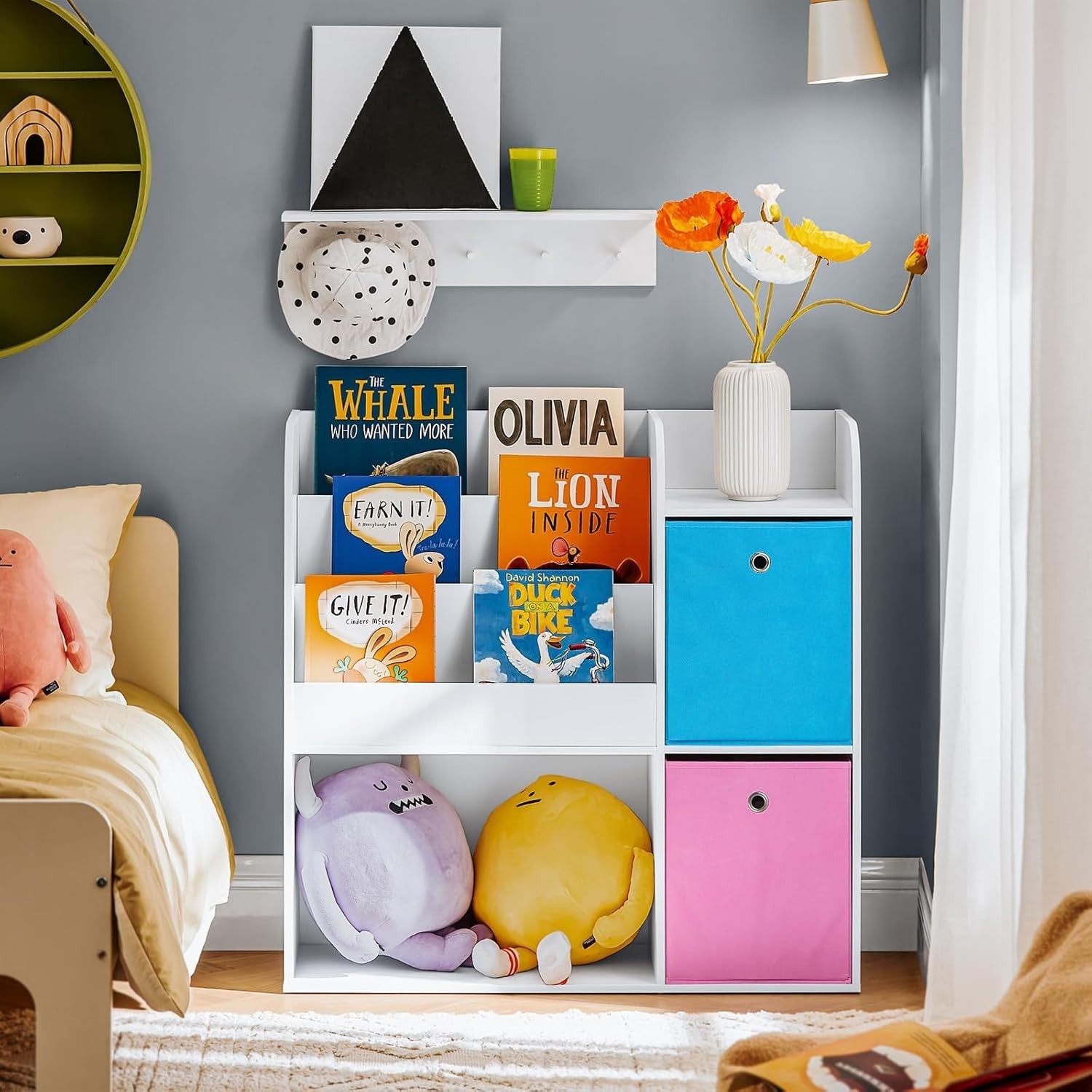 Kids Bookcase with 3 Shelves & 2 Fabric Drawers, Toy Storage Rack Pink Blue