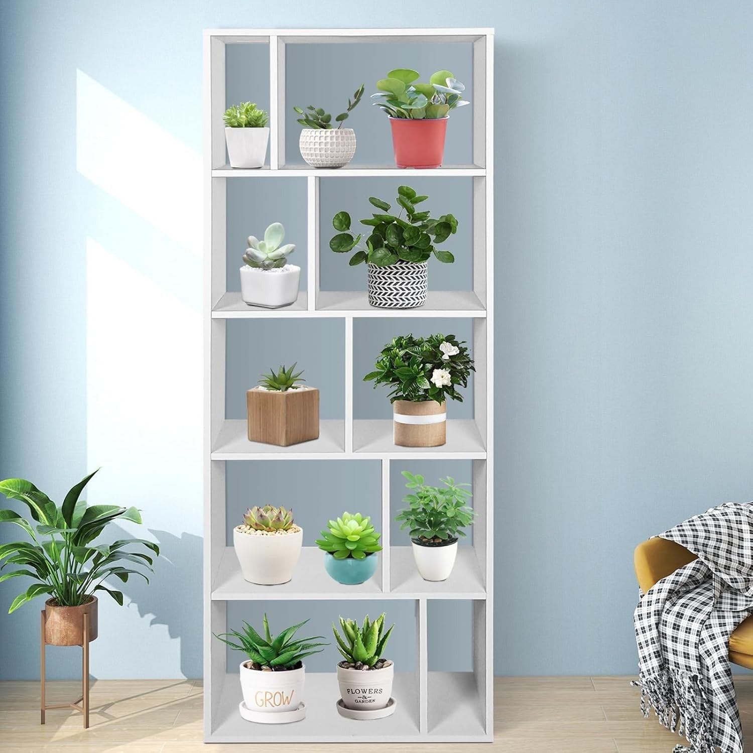 Tall 5-Tier White Bookshelf with 10 Compartments Modern Storage Display Unit