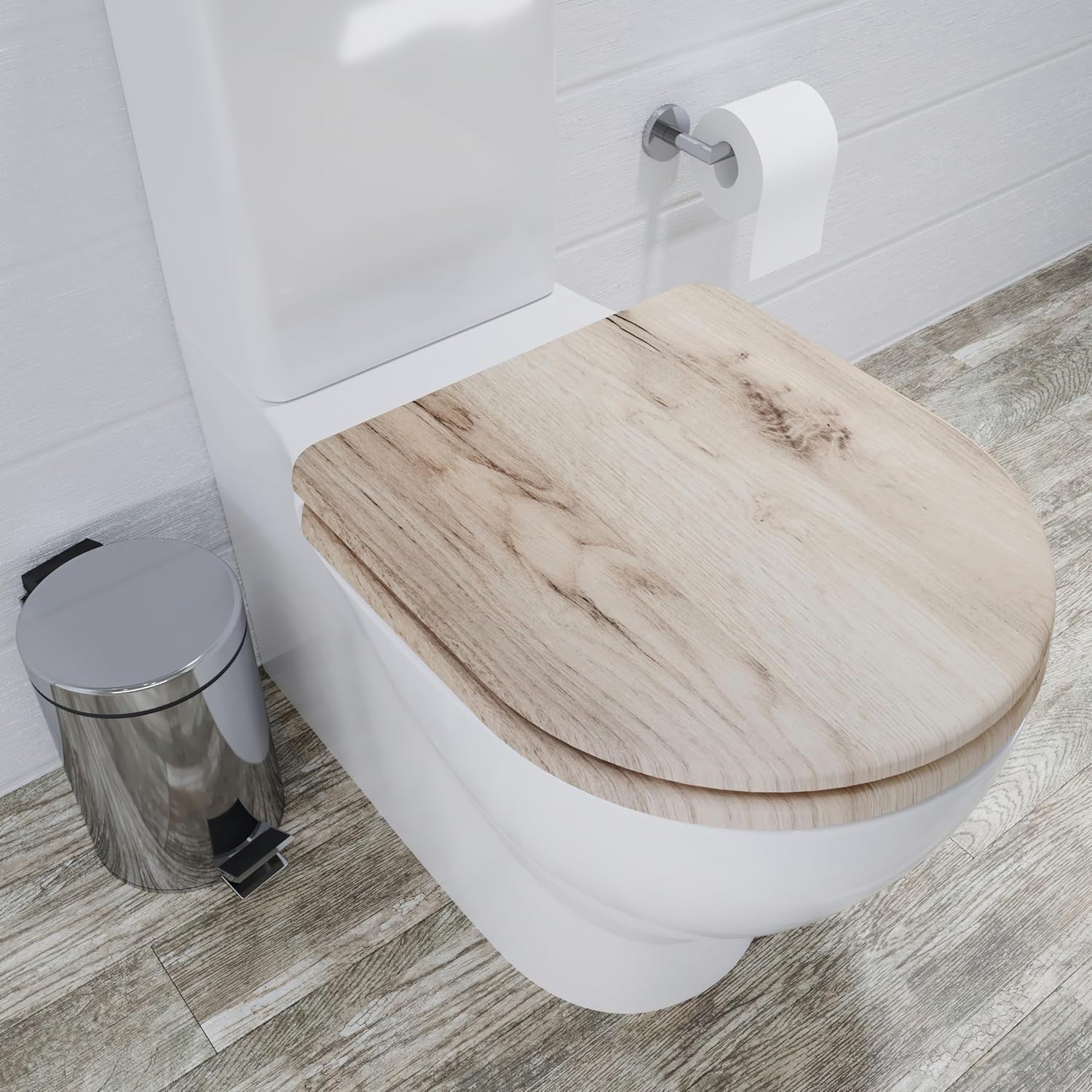 Grey Oak D-Shape Toilet Seat Soft Close Quick Release Antibacterial Wooden