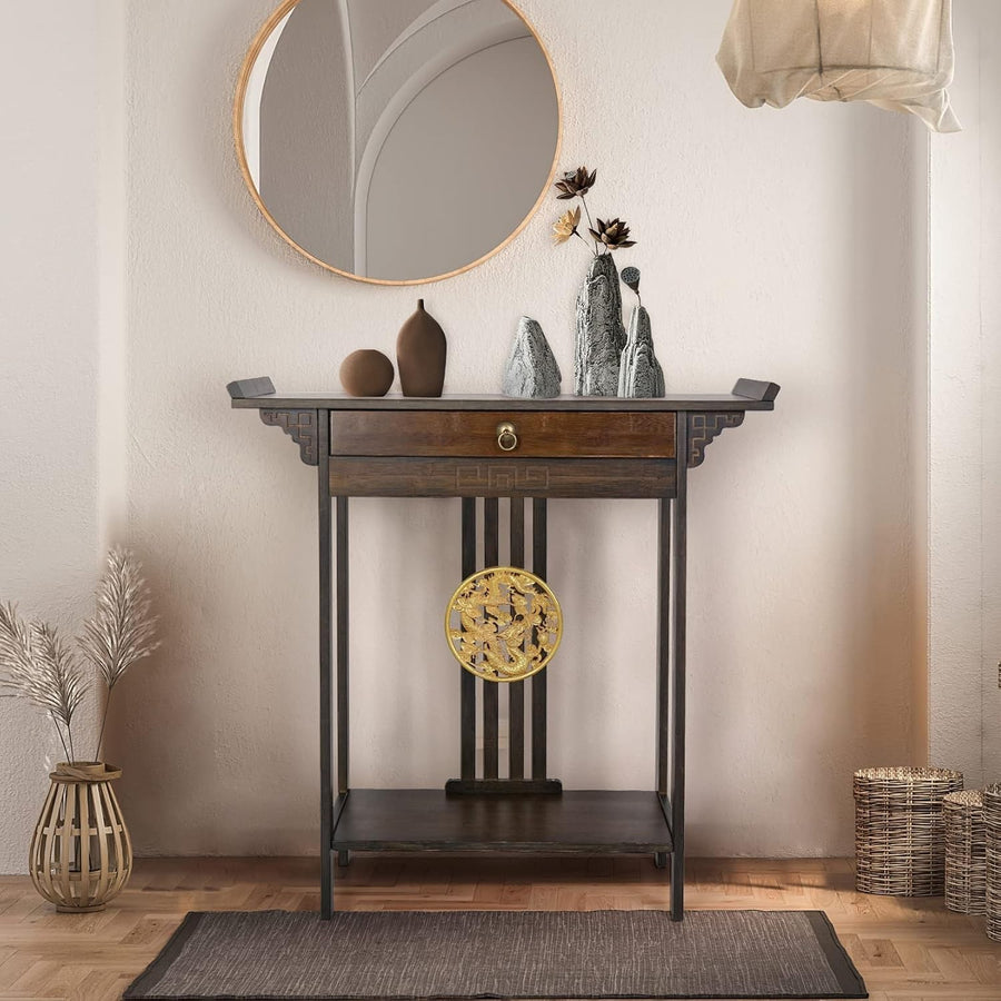Narrow Rustic Bamboo Console Table 2 Tier Hallway Entryway Shelf 81.5x32x82cm