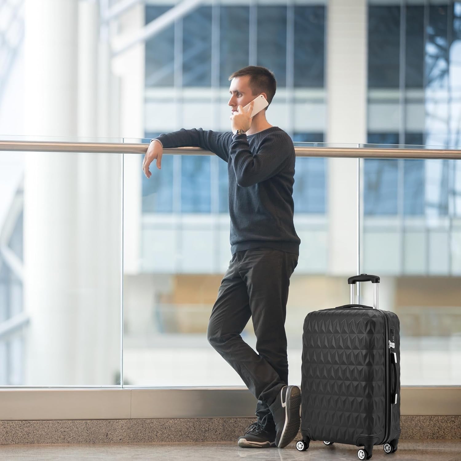 Black Medium Check In Suitcase 24 Inch ABS Hard Shell Spinner Wheels