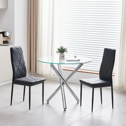 Round Glass Dining Table with 4 Grey Velvet Chairs | Small Space Kitchen