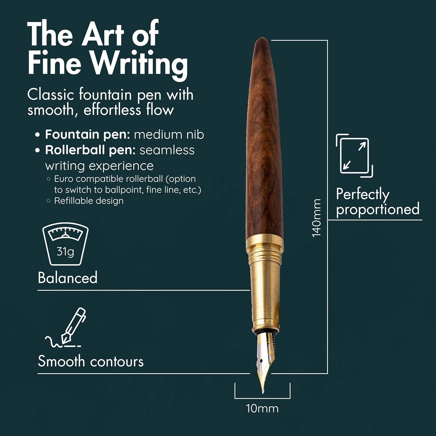 Luxury Fountain & Rollerball Pen Set Brass Sandalwood Gift Box