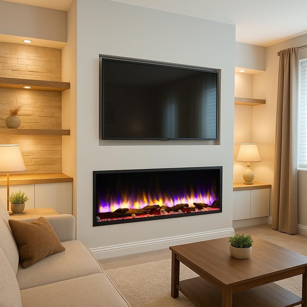48" Slim Built In Electric Fireplace WiFi LED Fire App Remote Wall Mount