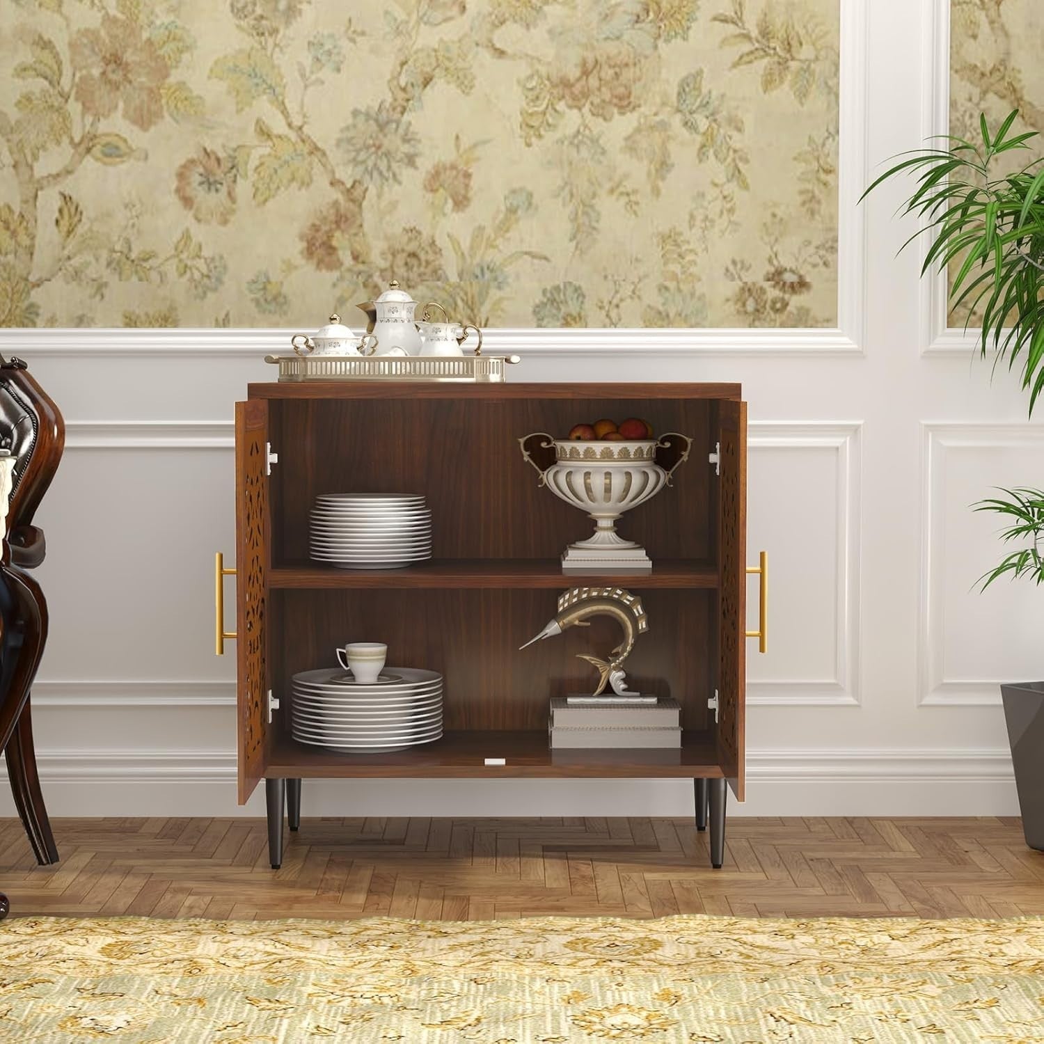 Brown Vintage Sideboard Cabinet 2 Door Carved Storage Unit Hallway Accent