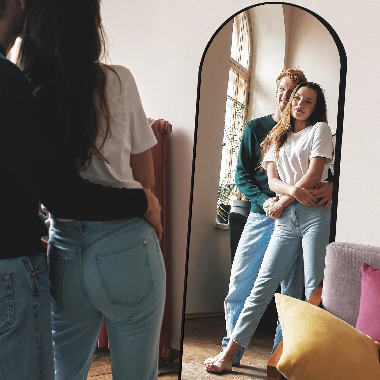 Full-Length Arch Floor Mirror 147x44cm Black Frame, Stand & Wall Mount