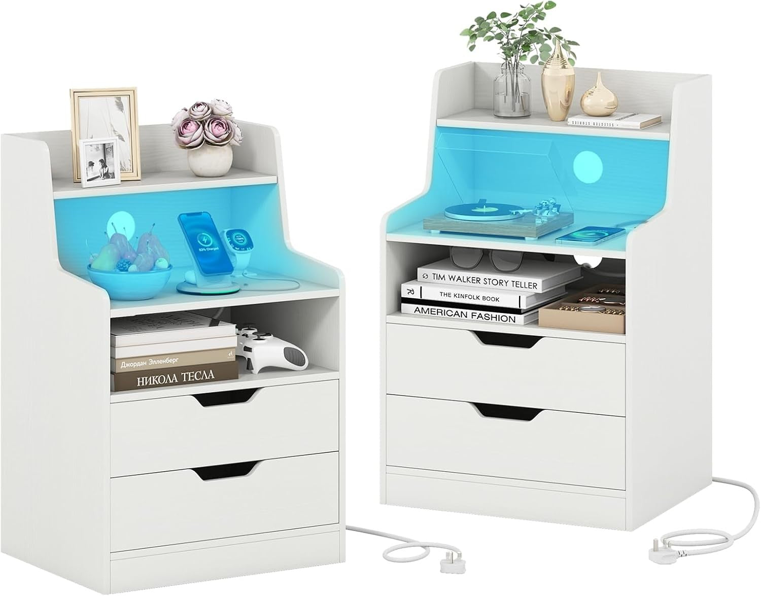White LED Bedside Tables with Charging Station, Drawers & RGB Shelves (Set of 2)