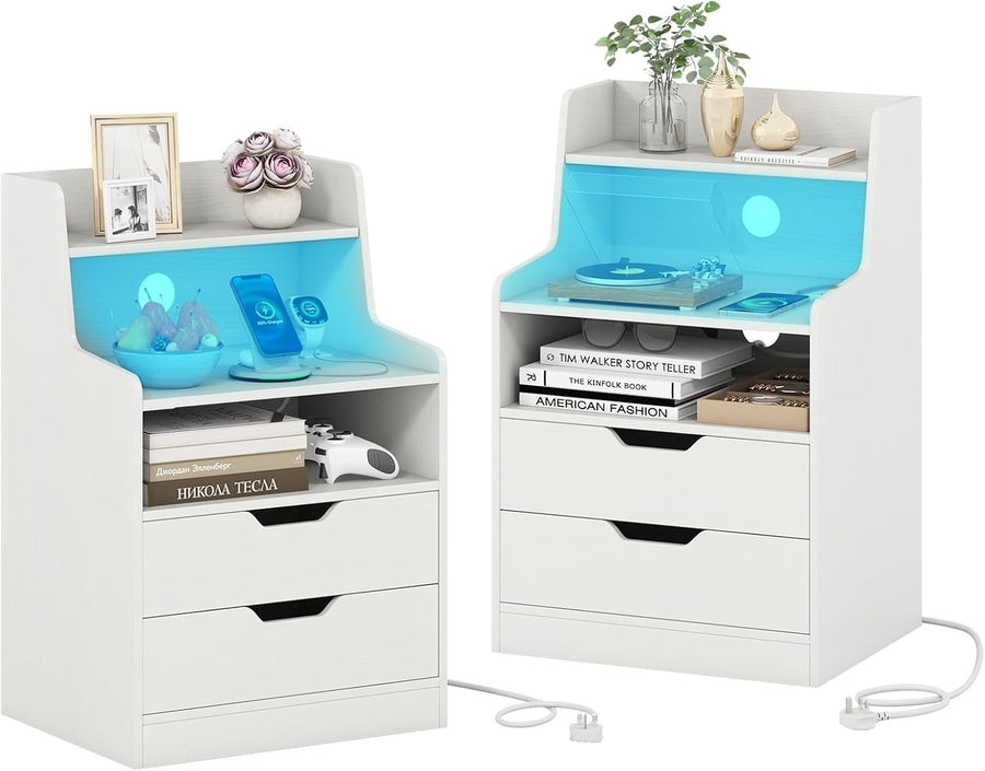 White LED Bedside Tables with Charging Station, Drawers & RGB Shelves (Set of 2)