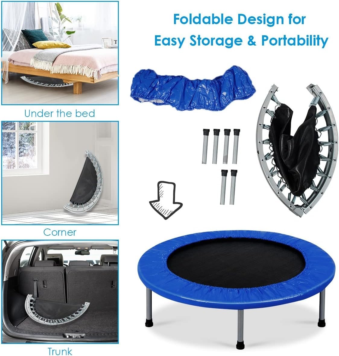 38in Foldable Fitness Bouncer Mini Trampoline Indoor Outdoor 150KG