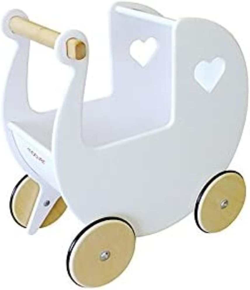 Wooden Doll Pram Push Along Toy Solid Birch Toddler Pram 18m+ White