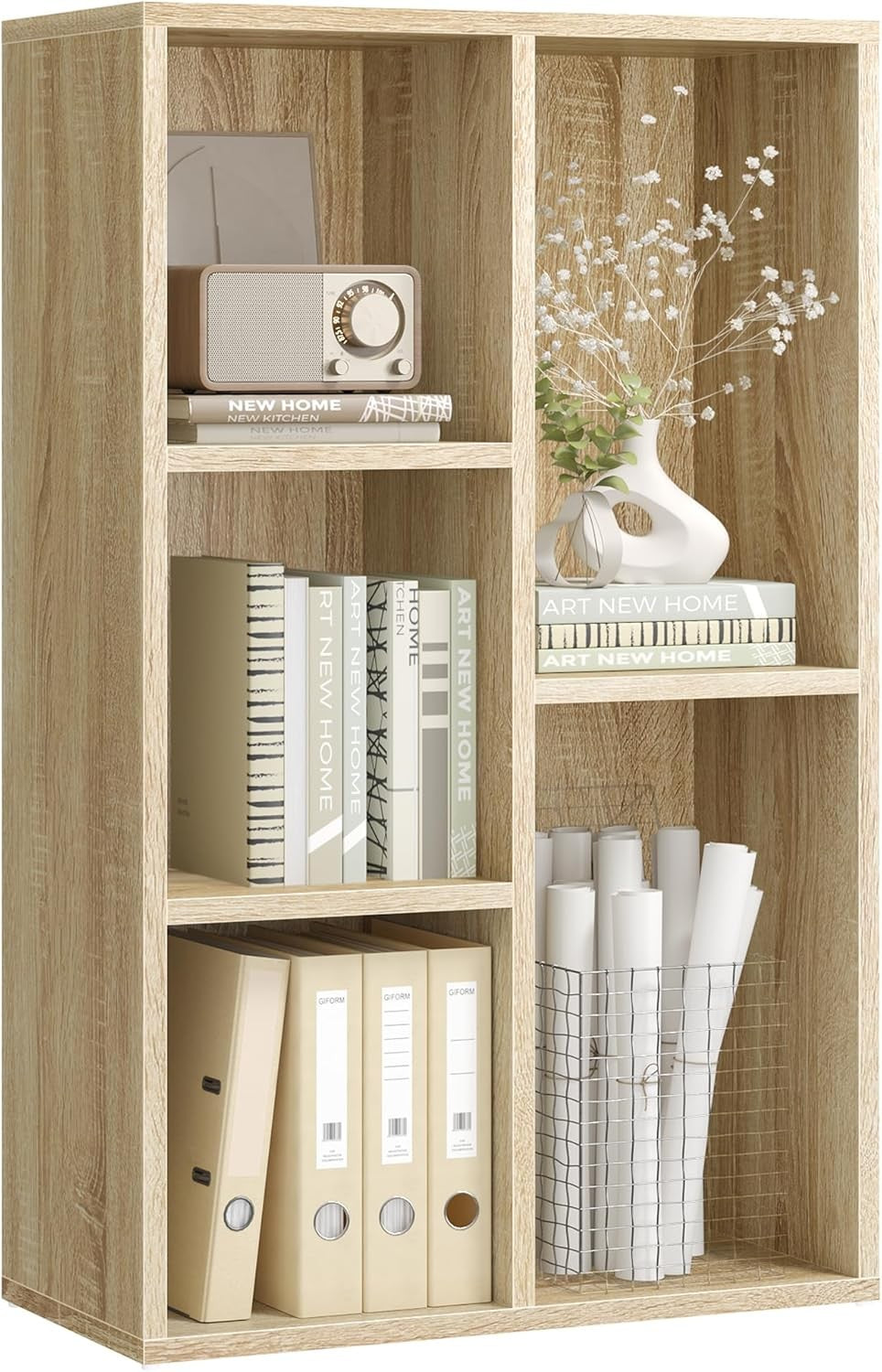 5-Compartment Oak Bookcase | Modern Storage Shelf Unit for Home Office Living Ro