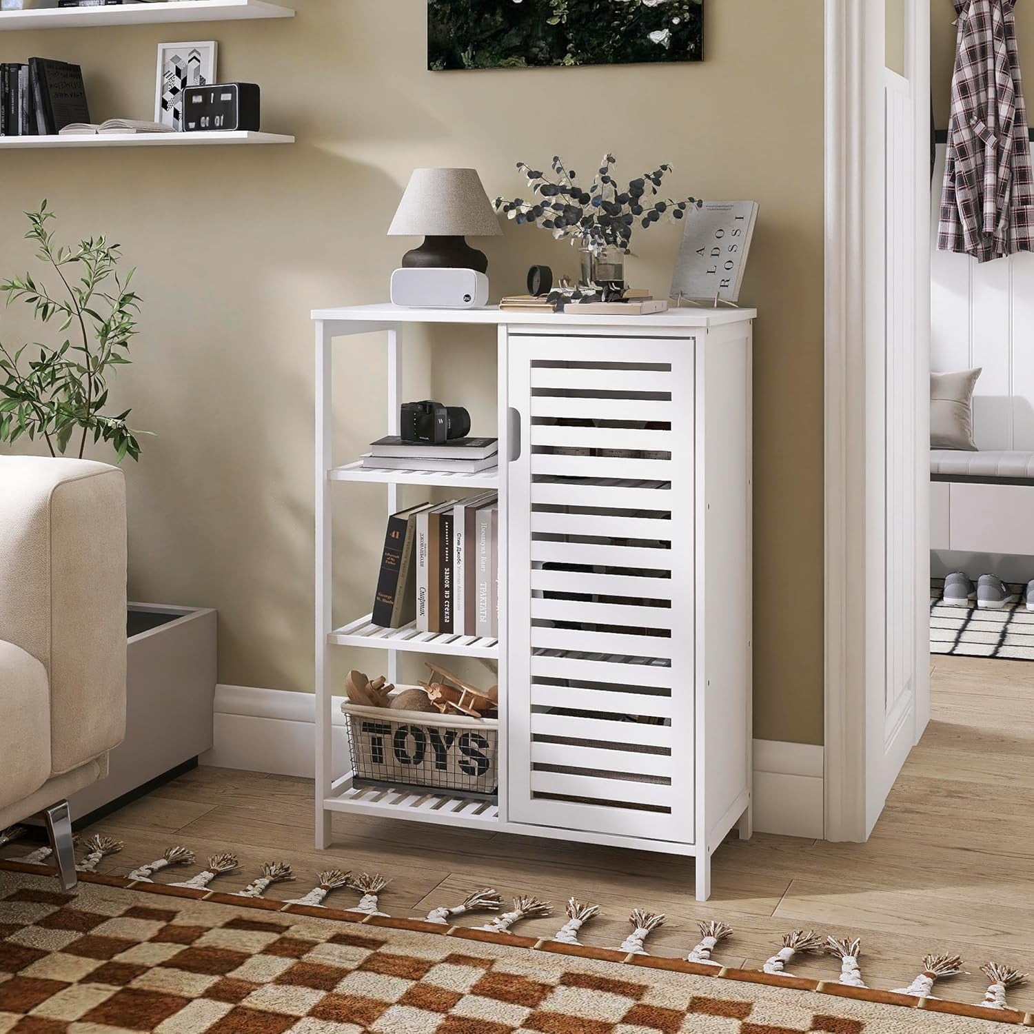 White Bamboo Storage Cabinet with Shelves Modern Cupboard 63x33x87cm