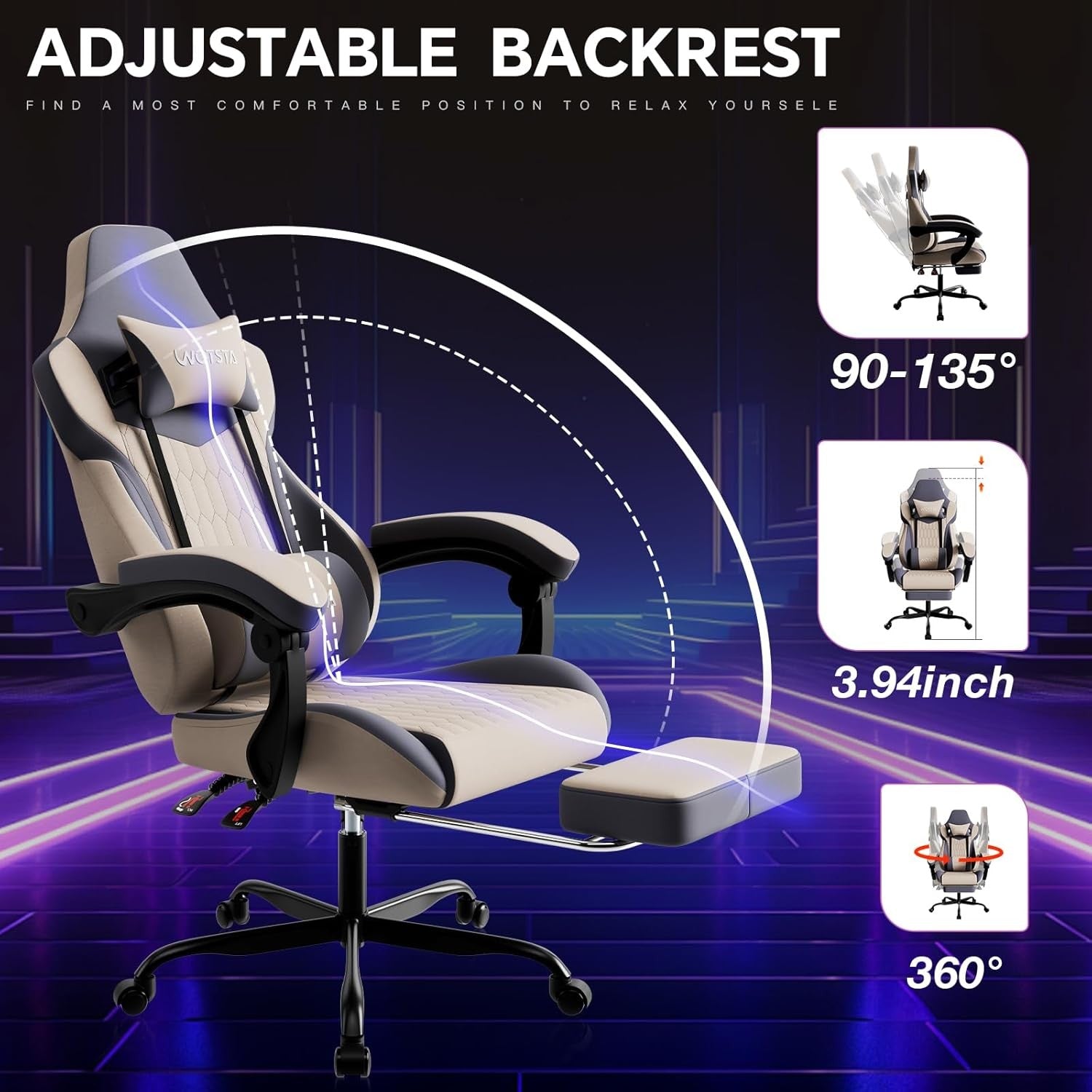 Ergonomic Gaming Chair Beige Blue w/ Footrest Lumbar