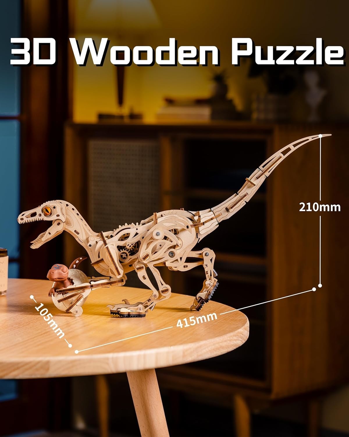 3D Wooden Dinosaur Puzzle Kit Walking Velociraptor STEM Model Toy DIY