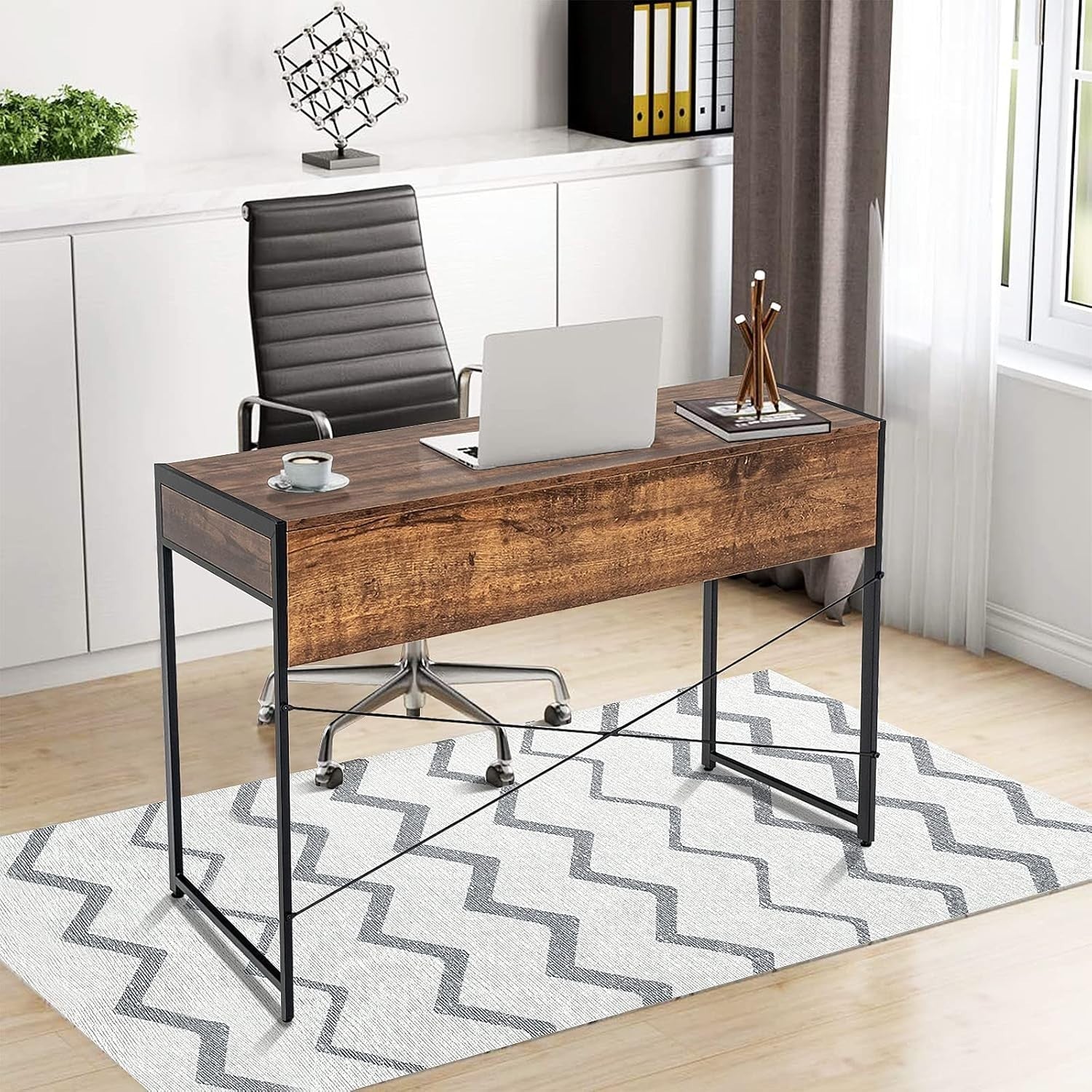 Rustic Brown Computer Desk with 2 Drawers & Metal Frame